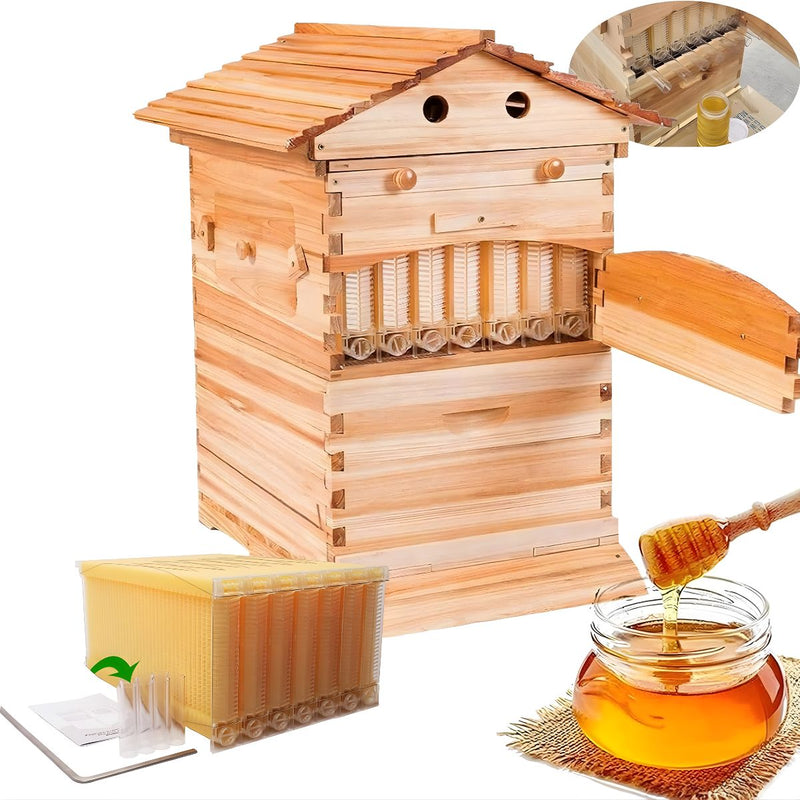Colmena en Caja de Madera Natural con 7 Marcos Plásticos. Panal con Espesor 18mm con Flujo de Miel Automático. Caja Apicultura Hasta 25 Kg de Miel.