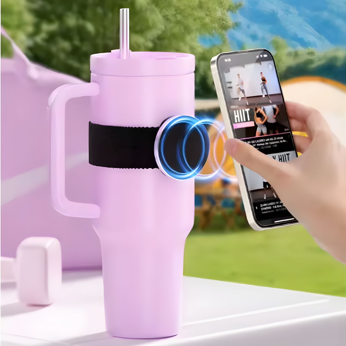 Correa Magnética con Soporte para Celular para usar en botellas de agua y termos. Soporte para Teléfono manos libres 43.5x3.2x0.2cm. Color Negro.
