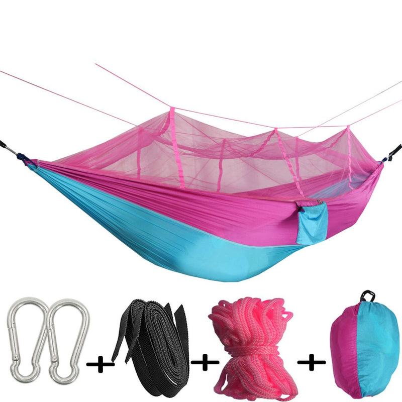 Hamaca con Mosquitero Rosado y Turquesa con Tela Paracaídas. Incluye Correas de Nylon, mosquetones, cuerdas y bolsa (260x140cm)