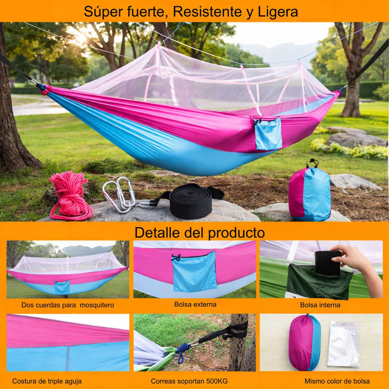 Hamaca con Mosquitero Rosado y Turquesa con Tela Paracaídas. Incluye Correas de Nylon, mosquetones, cuerdas y bolsa (260x140cm)