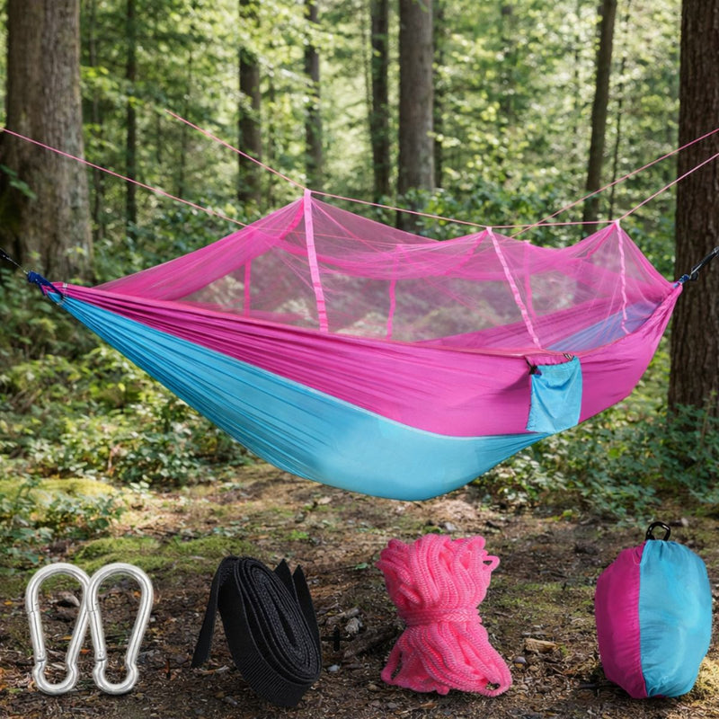 Hamaca con Mosquitero Rosado y Turquesa con Tela Paracaídas. Incluye Correas de Nylon, mosquetones, cuerdas y bolsa (260x140cm)