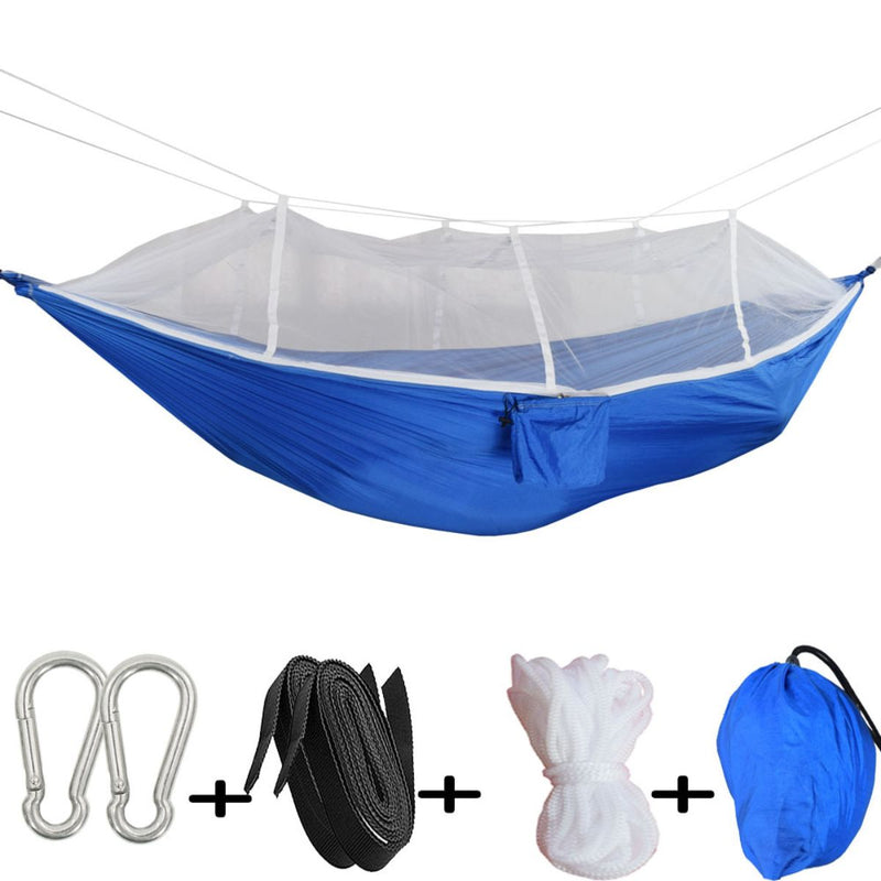Hamaca con Mosquitero Azul Tela Paracaídas. Incluye Correas de Nylon, mosquetones, cuerdas y bolsa (260x140cm)