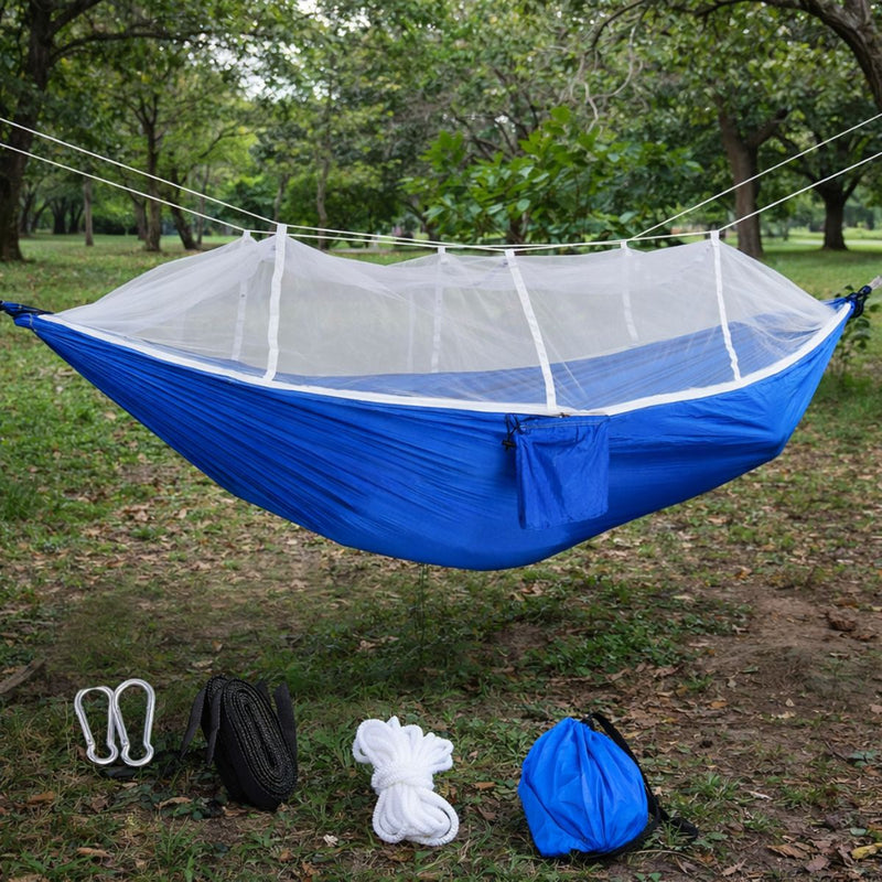 Hamaca con Mosquitero Azul Tela Paracaídas. Incluye Correas de Nylon, mosquetones, cuerdas y bolsa (260x140cm)
