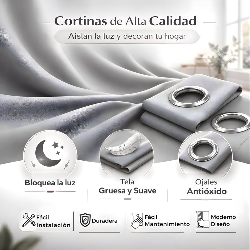 Cortinas Blackout Gris Plata con Tela Densa Suave 1.4x2.4m. Cortinas Con Ojales Metálicos Protección UV (1 Panel)