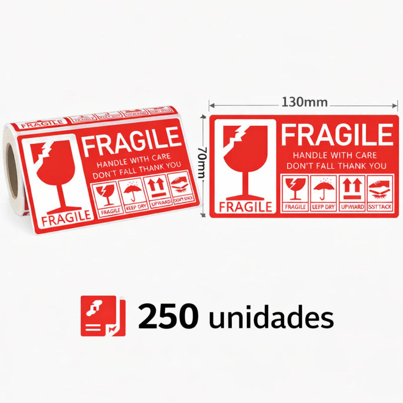 Etiquetas Adhesivas FRAGILE 130x70mm (250 Unds). Señal De Manejo Con Cuidado
