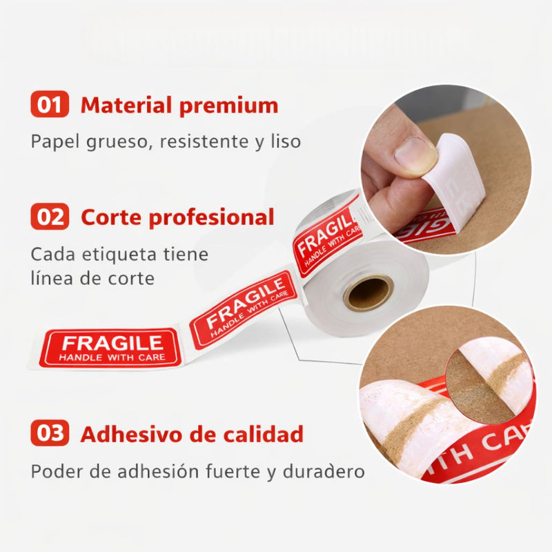 Etiquetas Adhesivas FRAGILE 25.4x76.2mm (1000 Unds) Maneje Con Cuidado Alta Visibilidad.