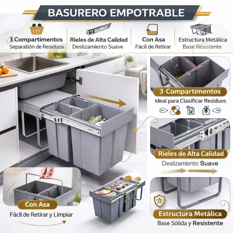 Basurero Empotrable Con 3 Compartimientos(20L + 10L + 10L) Para Gabinete De Cocina. Tinaco Con Sistema Deslizante Y Marco Metálico (48x34x41cm). Papelera empotrada Color Gris