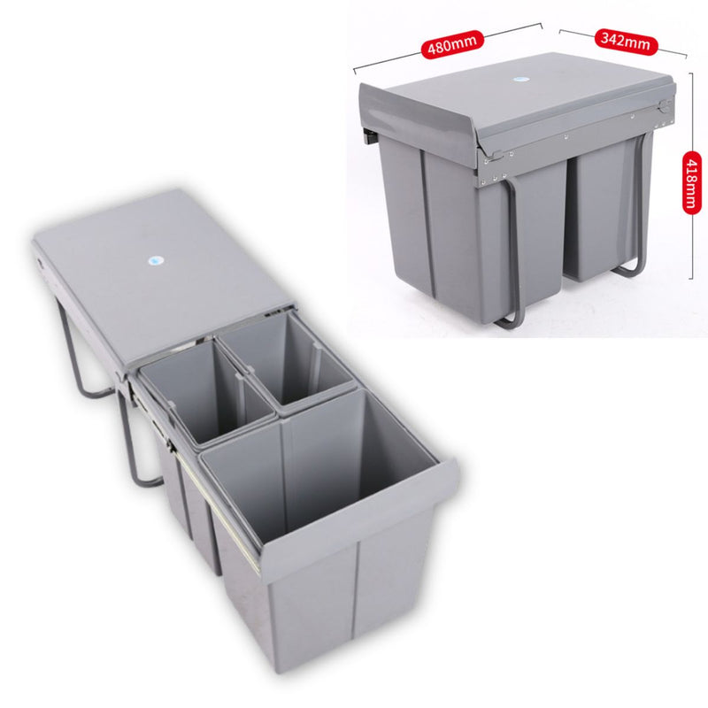 Basurero Empotrable Con 3 Compartimientos(20L + 10L + 10L) Para Gabinete De Cocina. Tinaco Con Sistema Deslizante Y Marco Metálico (48x34x41cm). Papelera empotrada Color Gris