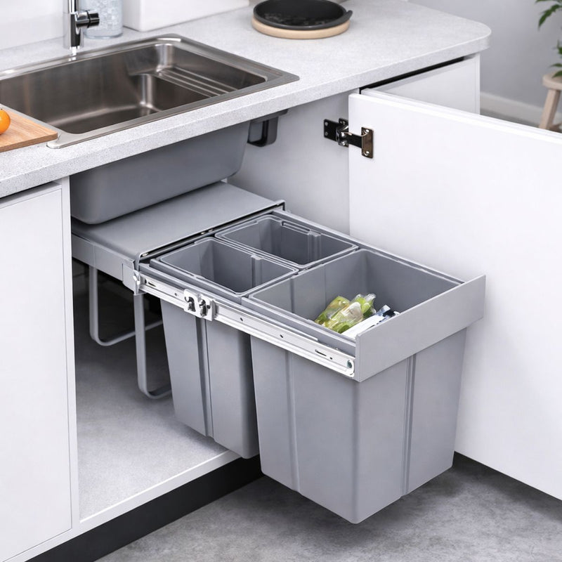 Basurero Empotrable Con 3 Compartimientos(20L + 10L + 10L) Para Gabinete De Cocina. Tinaco Con Sistema Deslizante Y Marco Metálico (48x34x41cm). Papelera empotrada Color Gris