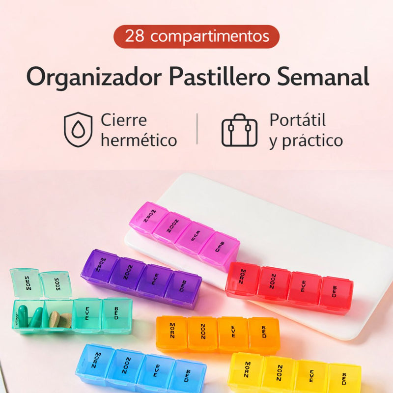 Pastillero Multicolor Semanal 28 Compartimentos. Organizador De Pastillas Circular Portátil Con 7 Días Y 4 Tomas Diarias.