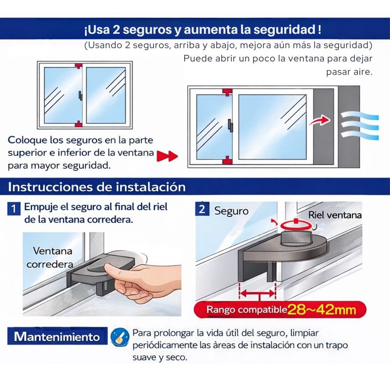 Cerradura de Seguridad para Ventana Corrediza de 28 a 42 mm (1.1 a 1.6”) Color Plata. Bloqueo Infantil y Antirrobo Ajustable (3 unds). Cerrojo