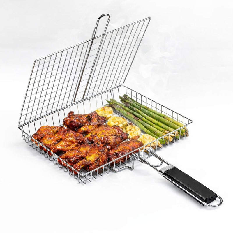 Canasta rejilla Parrillera de Acero Inoxidable 32x22.5cm con Mango Desmontable. Rejilla Doble con Apertura 180° para Carne, alitas y Pescado. Barbacoa. Grill asados