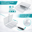 Canasta rejilla Parrillera de Acero Inoxidable 32x22.5cm con Mango Desmontable. Rejilla Doble con Apertura 180° para Carne, alitas y Pescado. Barbacoa. Grill asados