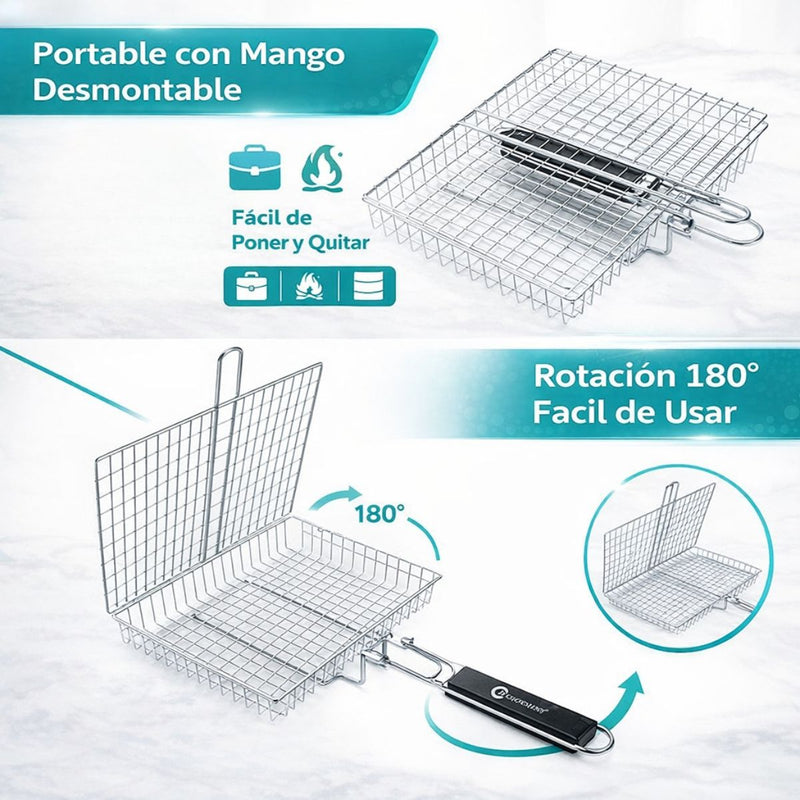 Canasta rejilla Parrillera de Acero Inoxidable 32x22.5cm con Mango Desmontable. Rejilla Doble con Apertura 180° para Carne, alitas y Pescado. Barbacoa. Grill asados