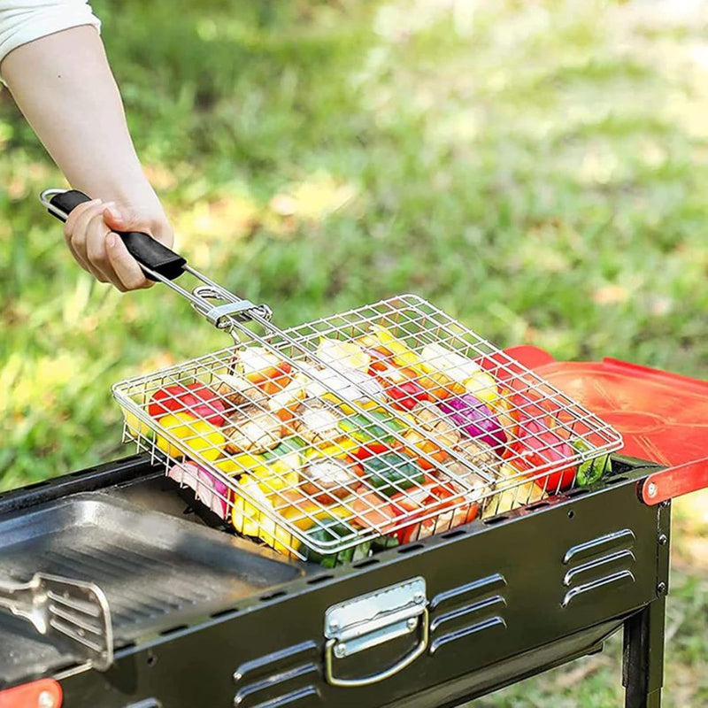 Canasta rejilla Parrillera de Acero Inoxidable 32x22.5cm con Mango Desmontable. Rejilla Doble con Apertura 180° para Carne, alitas y Pescado. Barbacoa. Grill asados