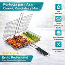 Canasta rejilla Parrillera de Acero Inoxidable 32x22.5cm con Mango Desmontable. Rejilla Doble con Apertura 180° para Carne, alitas y Pescado. Barbacoa. Grill asados