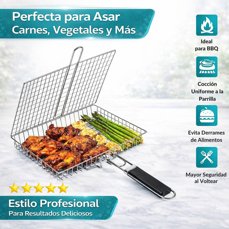 Canasta rejilla Parrillera de Acero Inoxidable 32x22.5cm con Mango Desmontable. Rejilla Doble con Apertura 180° para Carne, alitas y Pescado. Barbacoa. Grill asados