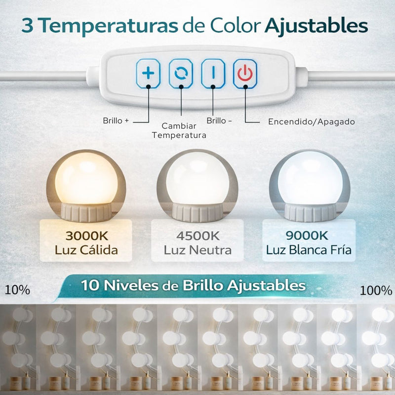 Guirnalda tira Bombillos LED (4.5cm) para vanity Espejo Maquillaje USB 5V (14 focos) con 3 Tonos de Luz y 10 Niveles de Brillo Ajustable.
