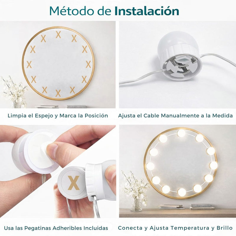 Guirnalda tira Bombillos LED (4.5cm) para vanity Espejo Maquillaje USB 5V (14 focos) con 3 Tonos de Luz y 10 Niveles de Brillo Ajustable.