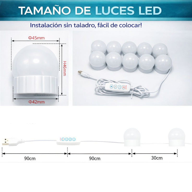 Guirnalda tira Bombillos LED (4.5cm) para vanity Espejo Maquillaje USB 5V (14 focos) con 3 Tonos de Luz y 10 Niveles de Brillo Ajustable.