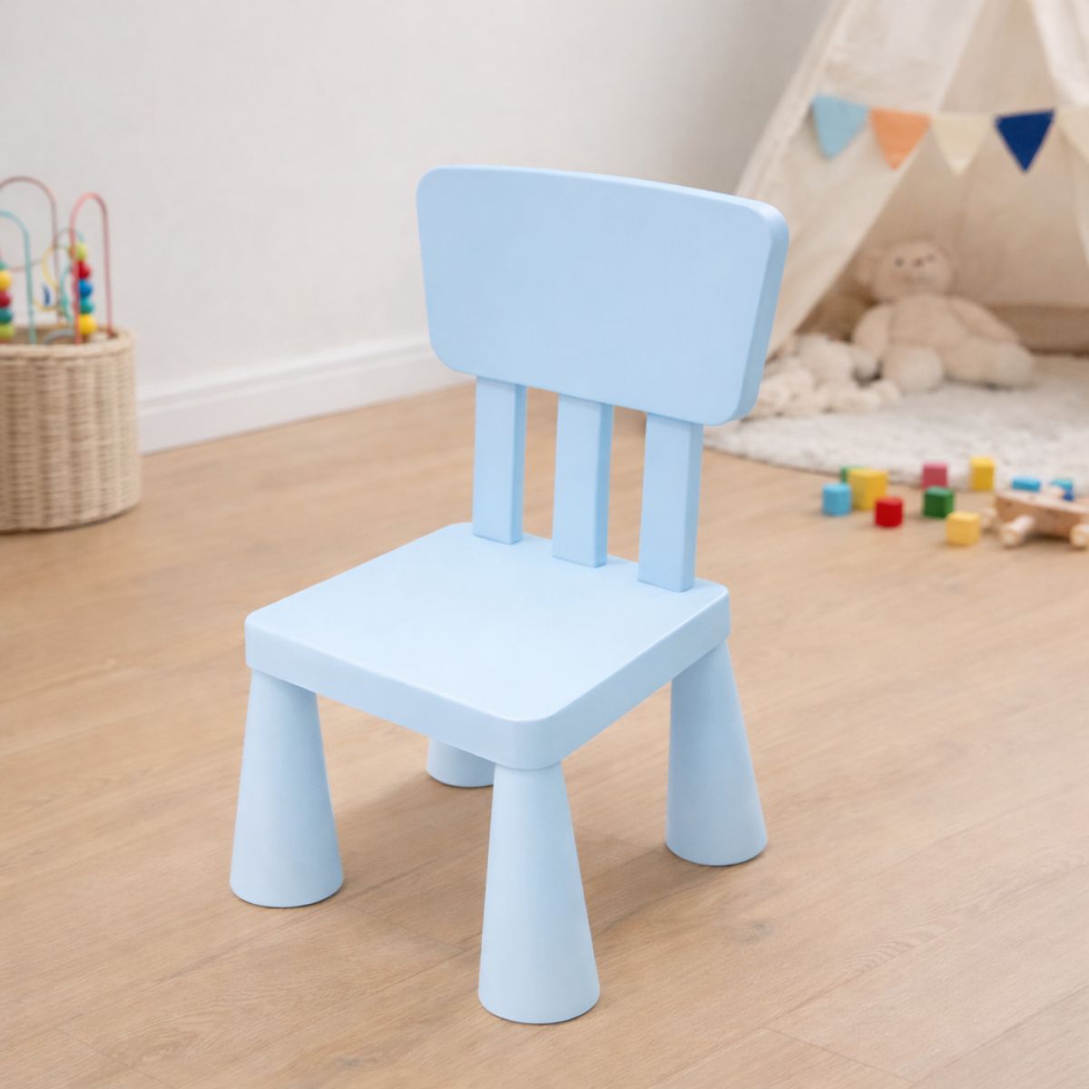 Silla Infantil de Plástico PP sin BPA con Respaldo Ergonómico. Silla Para Niños Armable Esquinas Redondeadas (3x30x67cm). Color Celeste