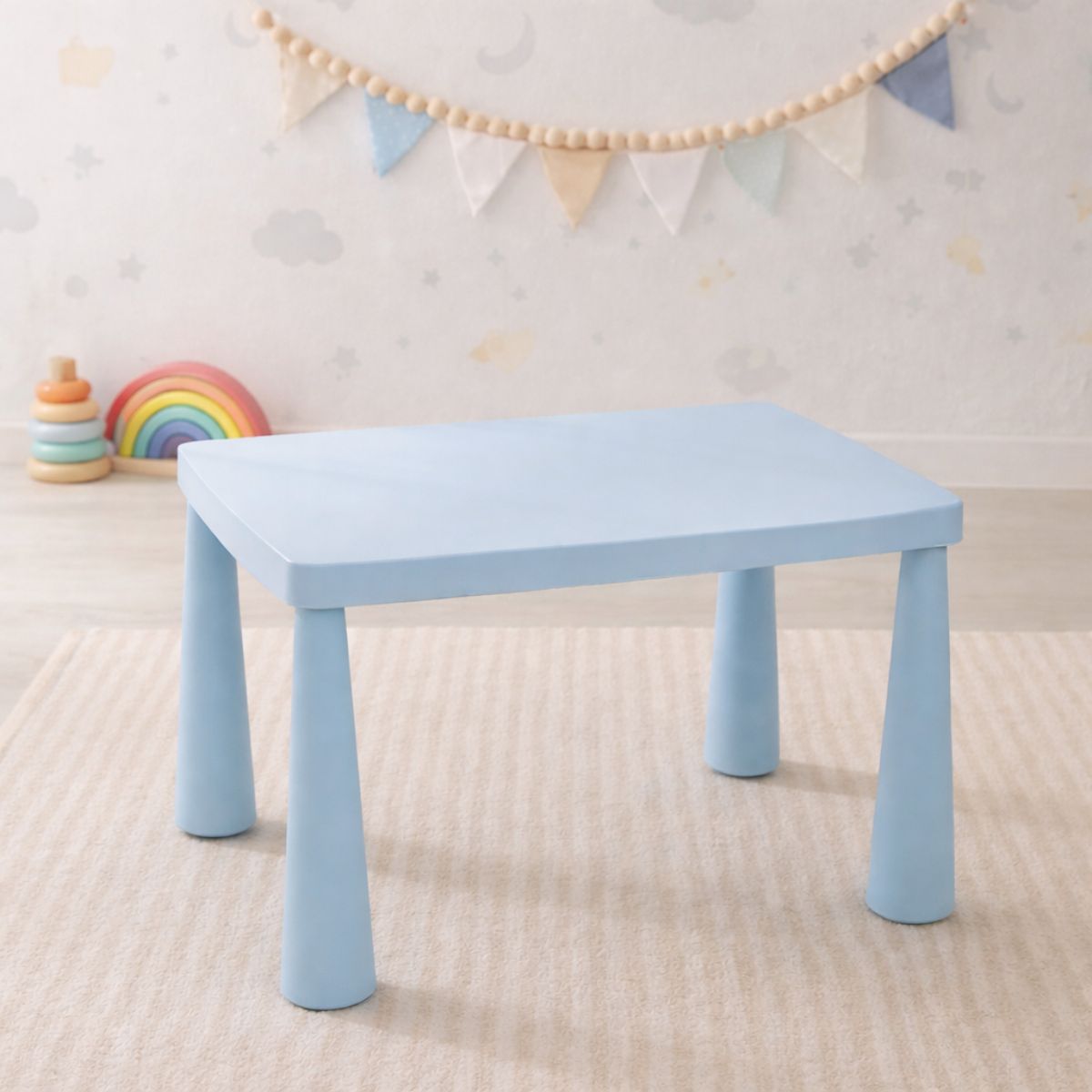 Mesa Infantil de Plástico PP sin BPA con Bordes Redondeados. Mesa Para Niños Armable. Resiste hasta 100Kg (77x55x48cm). Color Celeste.