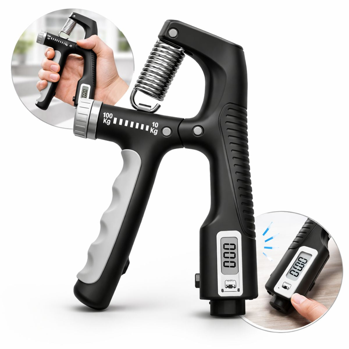 Hand Grip Ajustable 10-100 kg con Pantalla LCD y Conteo Digital. Fortalecedor de Mano con Resorte de Acero Reforzado. Color Negro