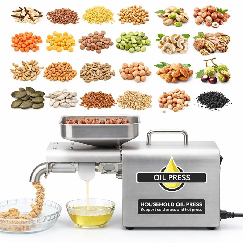 Máquina prensa extractora de Aceite en frio Eléctrica 1250W en Acero Inoxidable 304 con Control de Temperatura, Extractor de Aceite Prensado Frío/Caliente con Precalentado