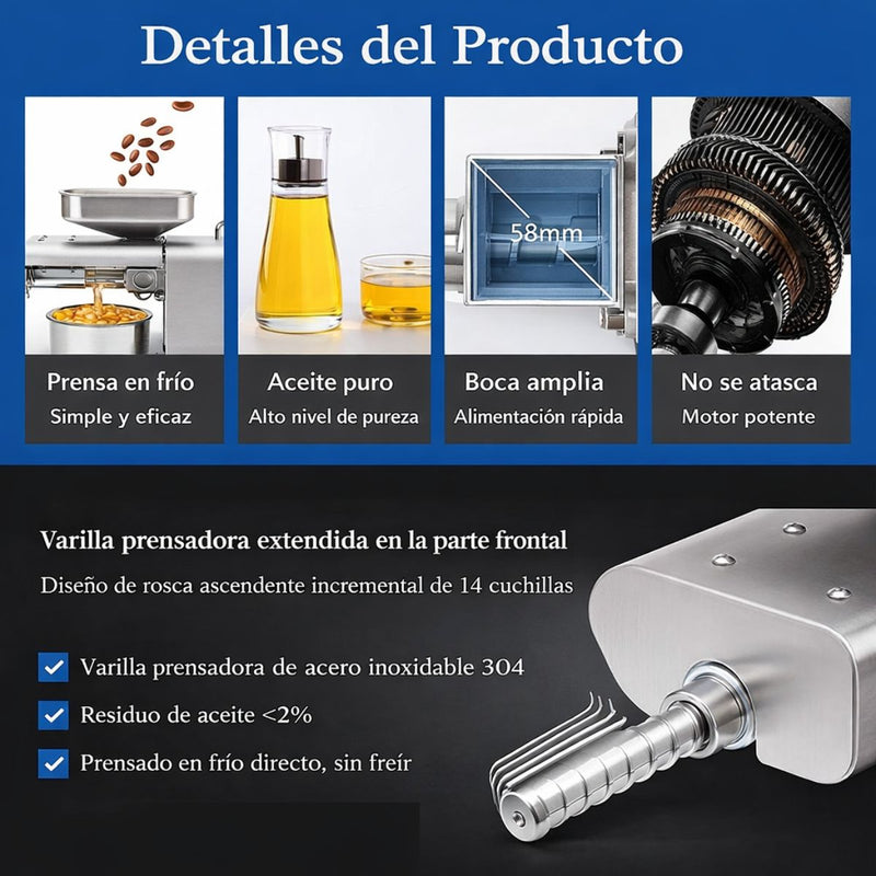 Máquina prensa extractora de Aceite en frio Eléctrica 1250W en Acero Inoxidable 304 con Control de Temperatura, Extractor de Aceite Prensado Frío/Caliente con Precalentado