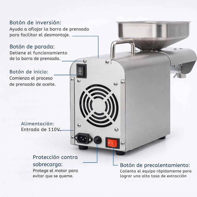 Máquina prensa extractora de Aceite en frio Eléctrica 1250W en Acero Inoxidable 304 con Control de Temperatura, Extractor de Aceite Prensado Frío/Caliente con Precalentado