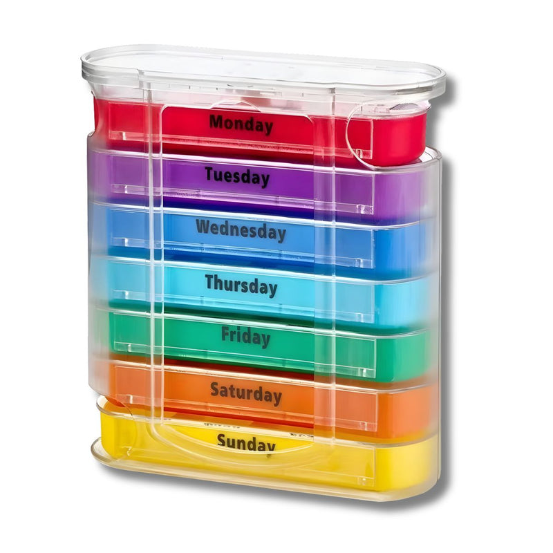 Pastillero Semanal con Estuche. Organizador de Medicamentos 7 Días con Compartimentos Mañana Tarde Noche.  Caja Portátil para Vitaminas y Suplementos