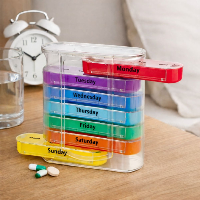 Pastillero Semanal con Estuche. Organizador de Medicamentos 7 Días con Compartimentos Mañana Tarde Noche.  Caja Portátil para Vitaminas y Suplementos