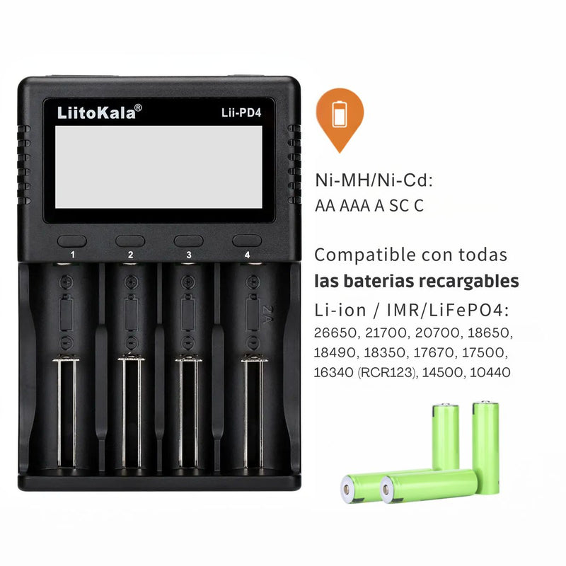 Cargador Inteligente de Baterías con Pantalla LCD. Cargador Universal 4 Ranuras Independientes para Baterías Recargables Li-ion NiMH NiCd AA AAA 18650. Lii-pd4