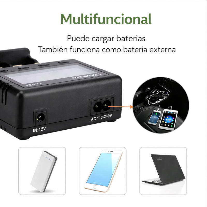 Cargador Inteligente de Baterías con Pantalla LCD. Cargador Universal 4 Ranuras Independientes para Baterías Recargables Li-ion NiMH NiCd AA AAA 18650. Lii-pd4