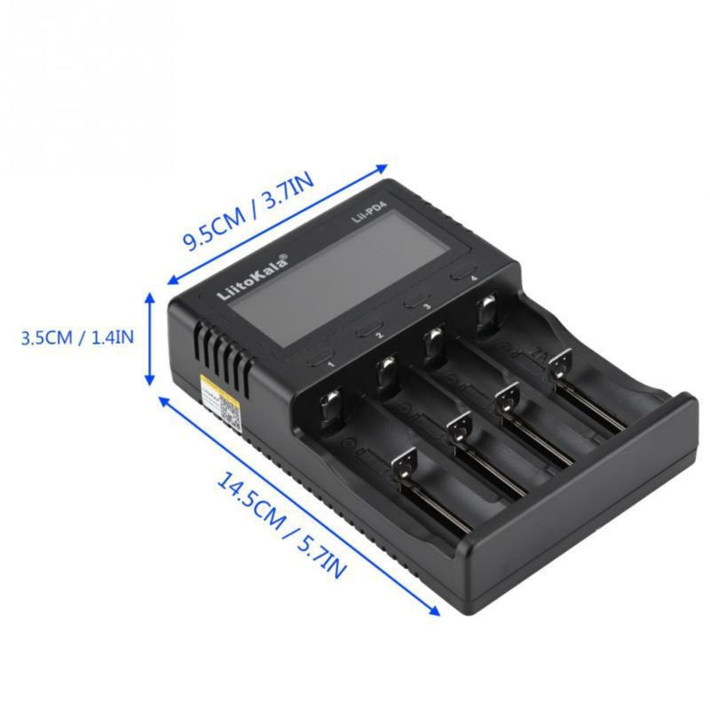 Cargador Inteligente de Baterías con Pantalla LCD. Cargador Universal 4 Ranuras Independientes para Baterías Recargables Li-ion NiMH NiCd AA AAA 18650. Lii-pd4