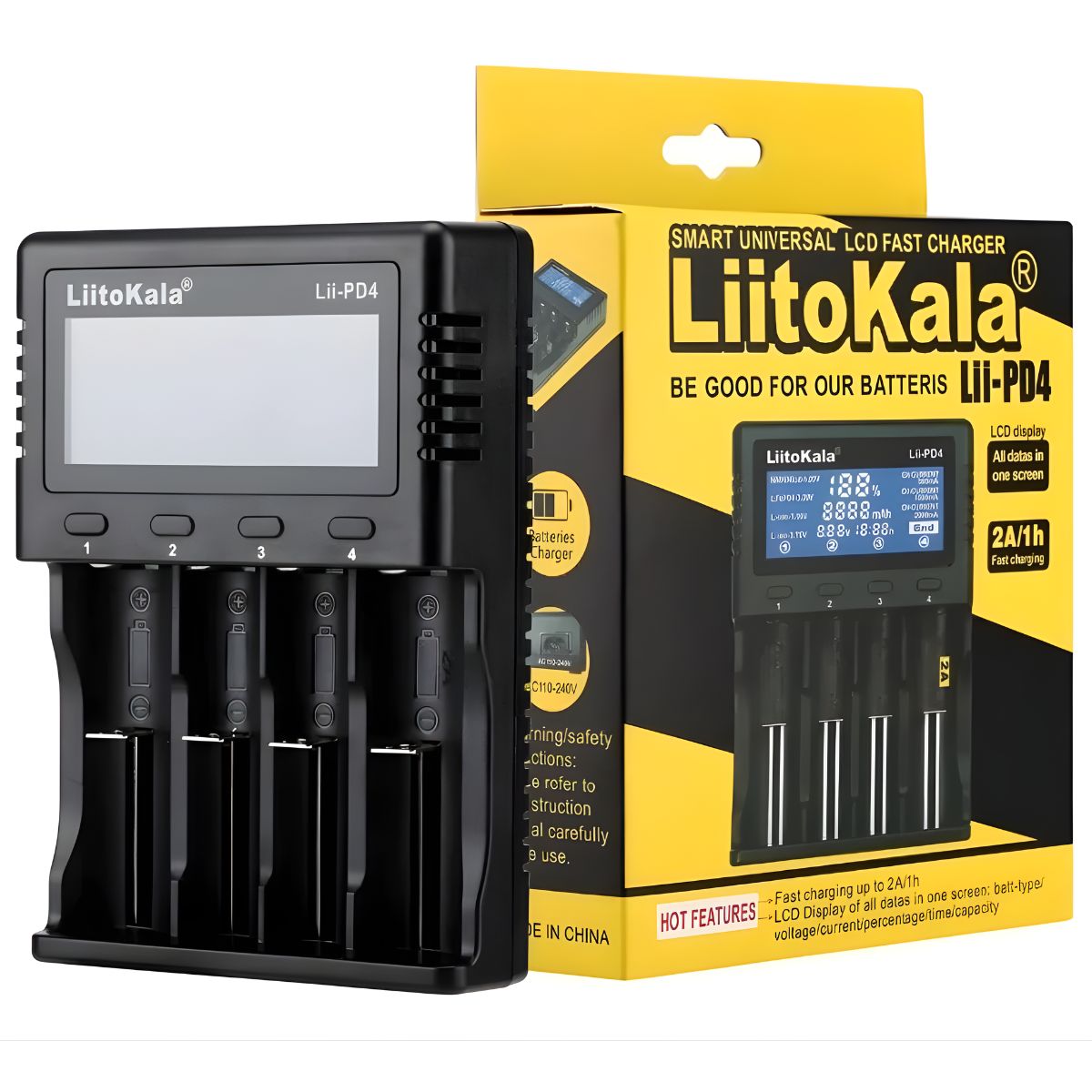Cargador Inteligente de Baterías con Pantalla LCD. Cargador Universal 4 Ranuras Independientes para Baterías Recargables Li-ion NiMH NiCd AA AAA 18650. Lii-pd4