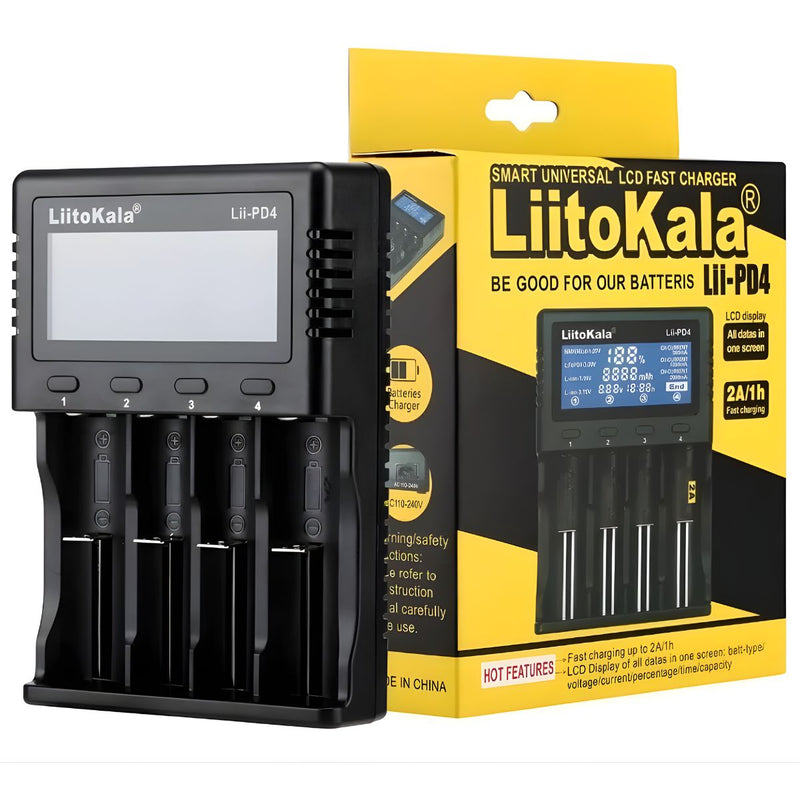 Cargador Inteligente de Baterías con Pantalla LCD. Cargador Universal 4 Ranuras Independientes para Baterías Recargables Li-ion NiMH NiCd AA AAA 18650. Lii-pd4