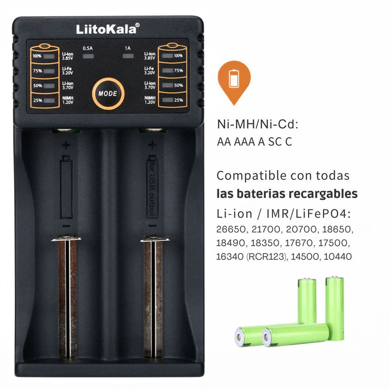 Cargador Inteligente para Baterías 18650 y AA AAA, Doble Ranura con Función Power Bank USB y Detección Automática. Lii-202