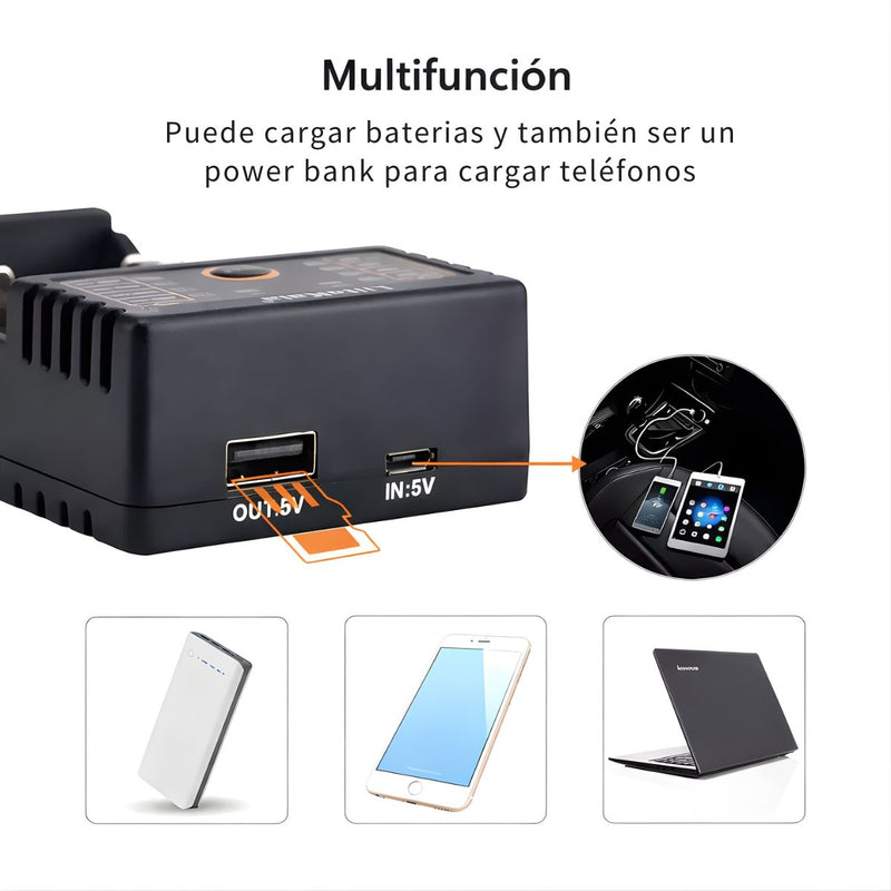 Cargador Inteligente para Baterías 18650 y AA AAA, Doble Ranura con Función Power Bank USB y Detección Automática. Lii-202