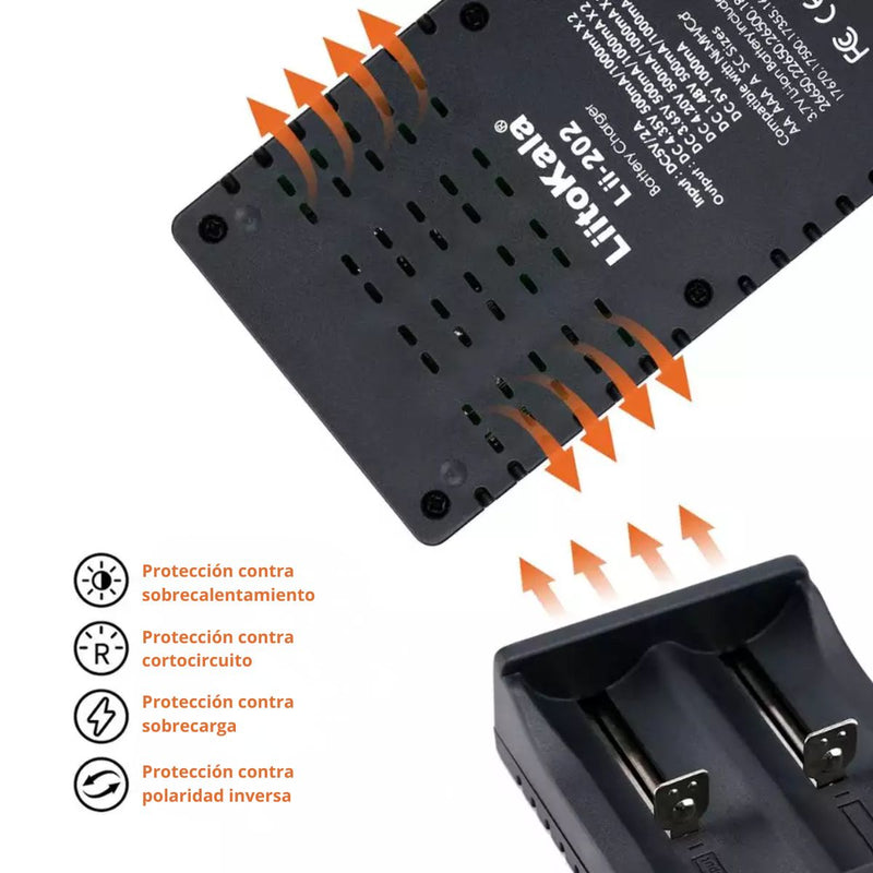 Cargador Inteligente para Baterías 18650 y AA AAA, Doble Ranura con Función Power Bank USB y Detección Automática. Lii-202