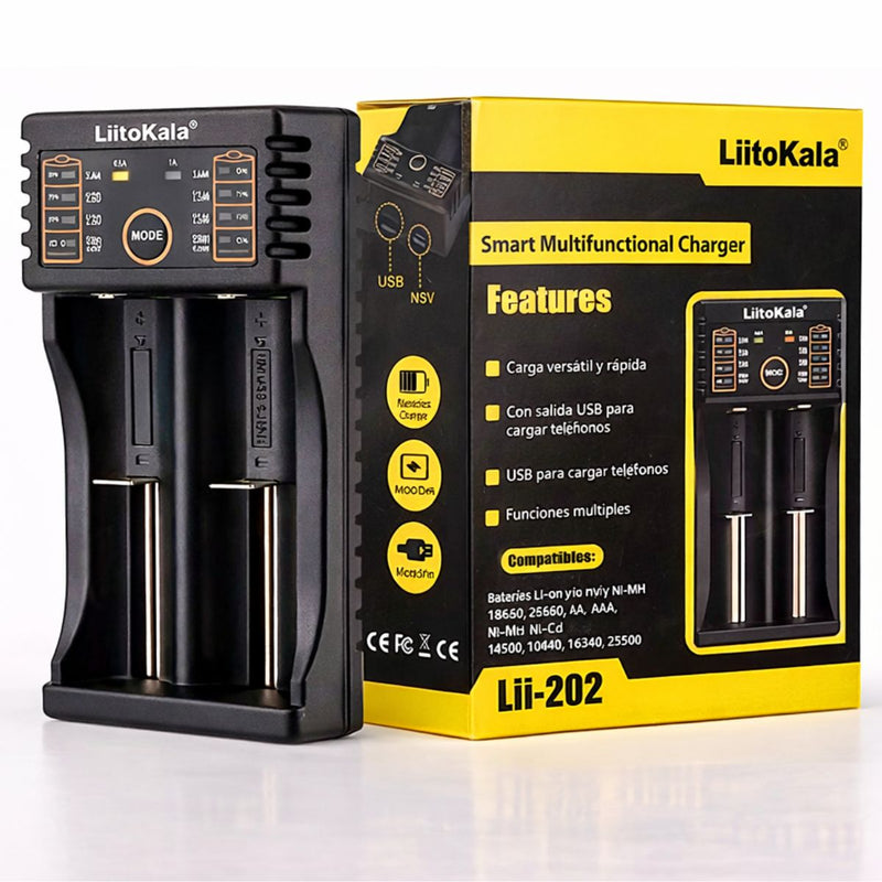 Cargador Inteligente para Baterías 18650 y AA AAA, Doble Ranura con Función Power Bank USB y Detección Automática. Lii-202