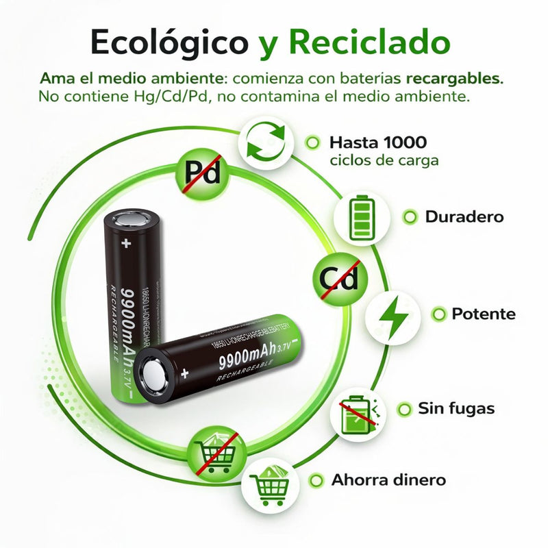 Batería Recargable 18650 Flat Top 9900mAh 3.7V Ion Litio Alta Capacidad para Linterna, Ventilador y Dispositivos Electrónicos.1000 Ciclos de Vida