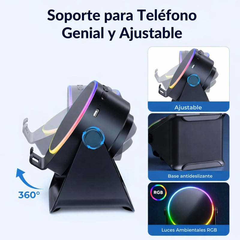 Soporte con Bocina Inalámbrico  para Celular con Sensor Automático Luz LED RGB Compatible con Smartphone y Tablet. Bocina Bluetooth Recargable (Incluye cable USBC)