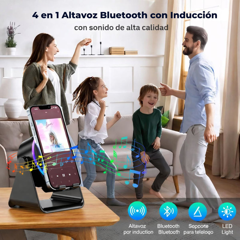 Soporte con Bocina Inalámbrico  para Celular con Sensor Automático Luz LED RGB Compatible con Smartphone y Tablet. Bocina Bluetooth Recargable (Incluye cable USBC)