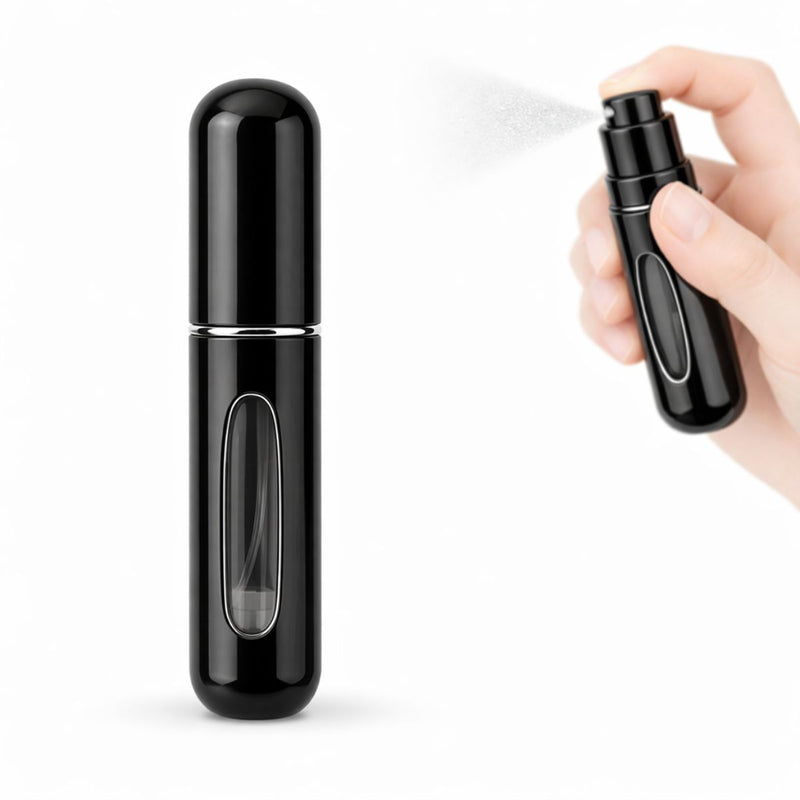 Atomizador de Perfume Recargable 5 ml Portátil. Mini Frasco Pulverizador de Metal Recargable y Compacto para Bolsillo, Bolsa o Equipaje. Color Negro