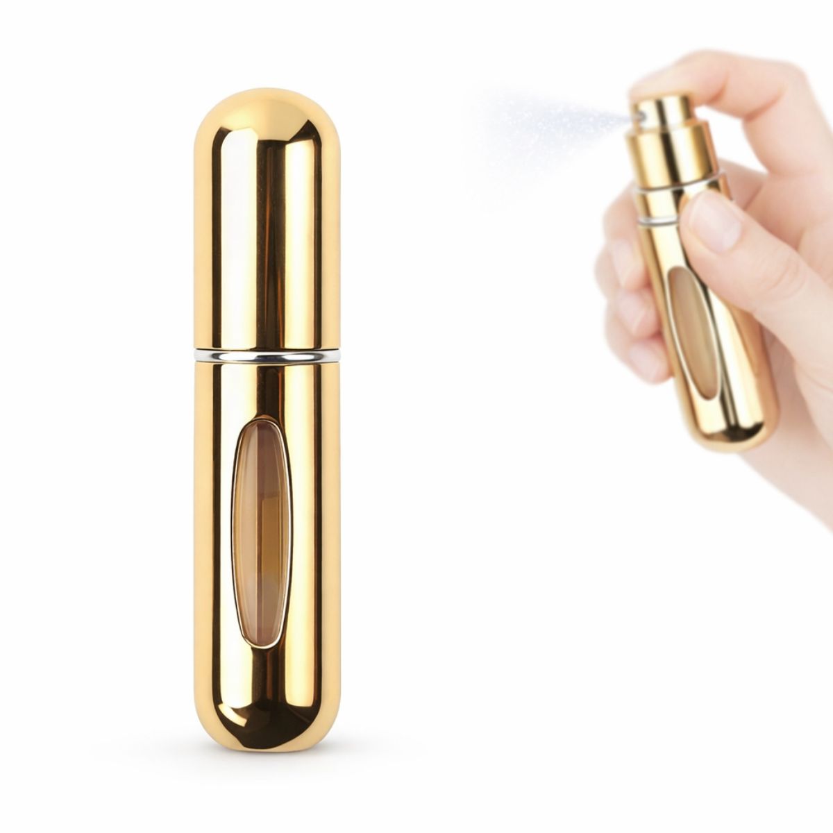 Atomizador de Perfume Recargable 5 ml Portátil. Mini Frasco Pulverizador de Metal Recargable y Compacto para Bolsillo, Bolsa o Equipaje. Color Dorado