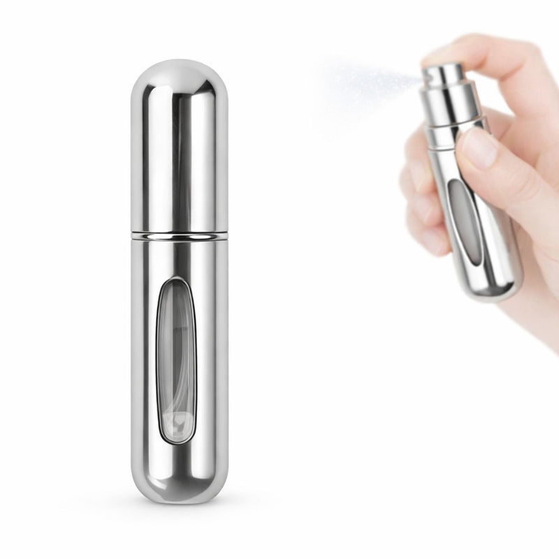 Atomizador de Perfume Recargable 5 ml Portátil. Mini Frasco Pulverizador de Metal Recargable y Compacto para Bolsillo, Bolsa o Equipaje. Color Plateado