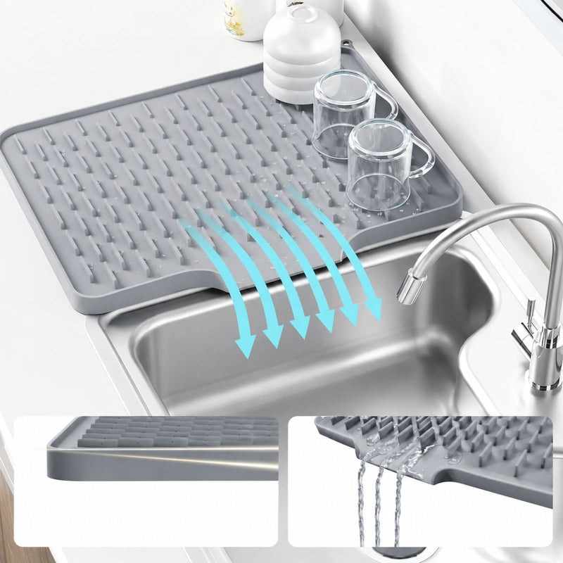 Tapete de Silicona para Fregadero Escurridor de Platos Antideslizante con Drenaje Automático Resistente al Calor Color Gris (58x45x1cm)
