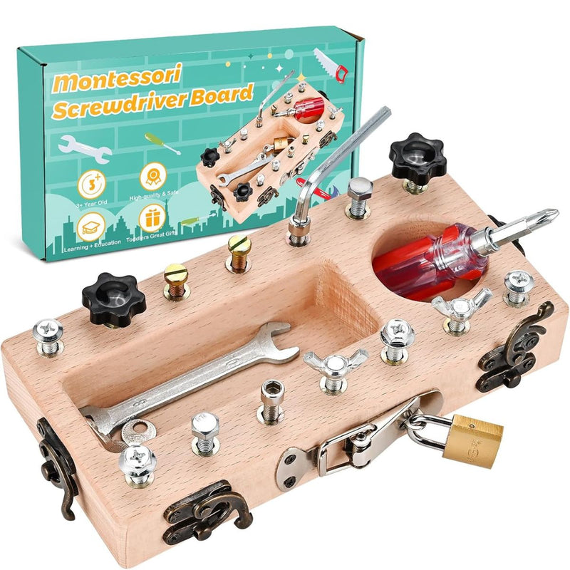 Juguete Montessori de Herramientas de Madera para Niños con Tornillos y Destornillador. Tablero Educativo Sensorial Para Habilidades Motoras STEM Infantil