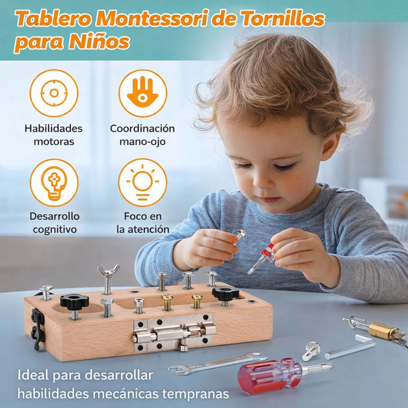 Juguete Montessori de Herramientas de Madera para Niños con Tornillos y Destornillador. Tablero Educativo Sensorial Para Habilidades Motoras STEM Infantil